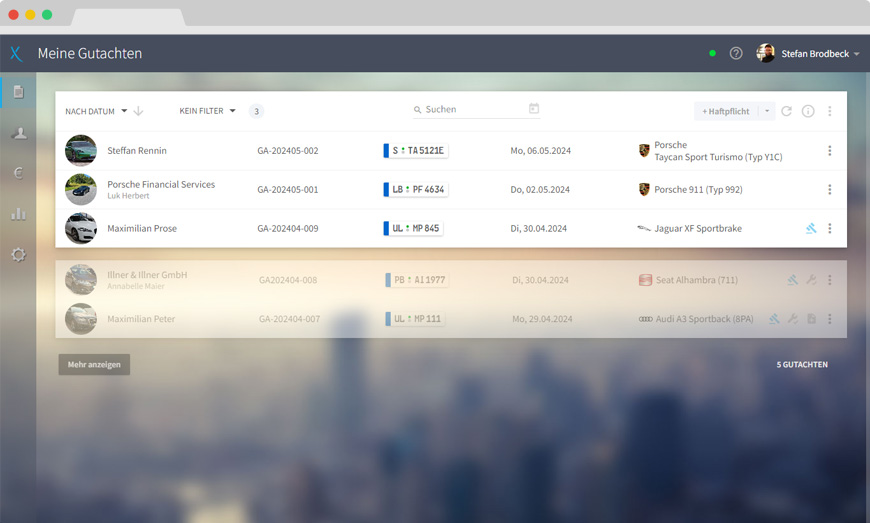 Screenshot Gutachtenübersicht